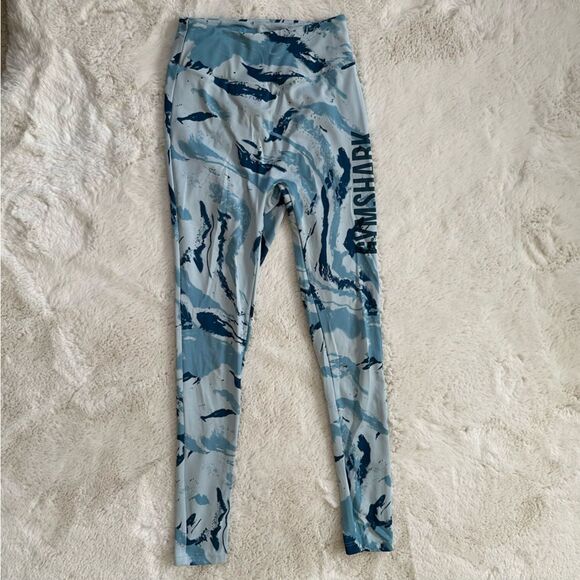 GYMSHARK Light Blue Marble Print ruched bum Power Leggings - Picture 1 of 7